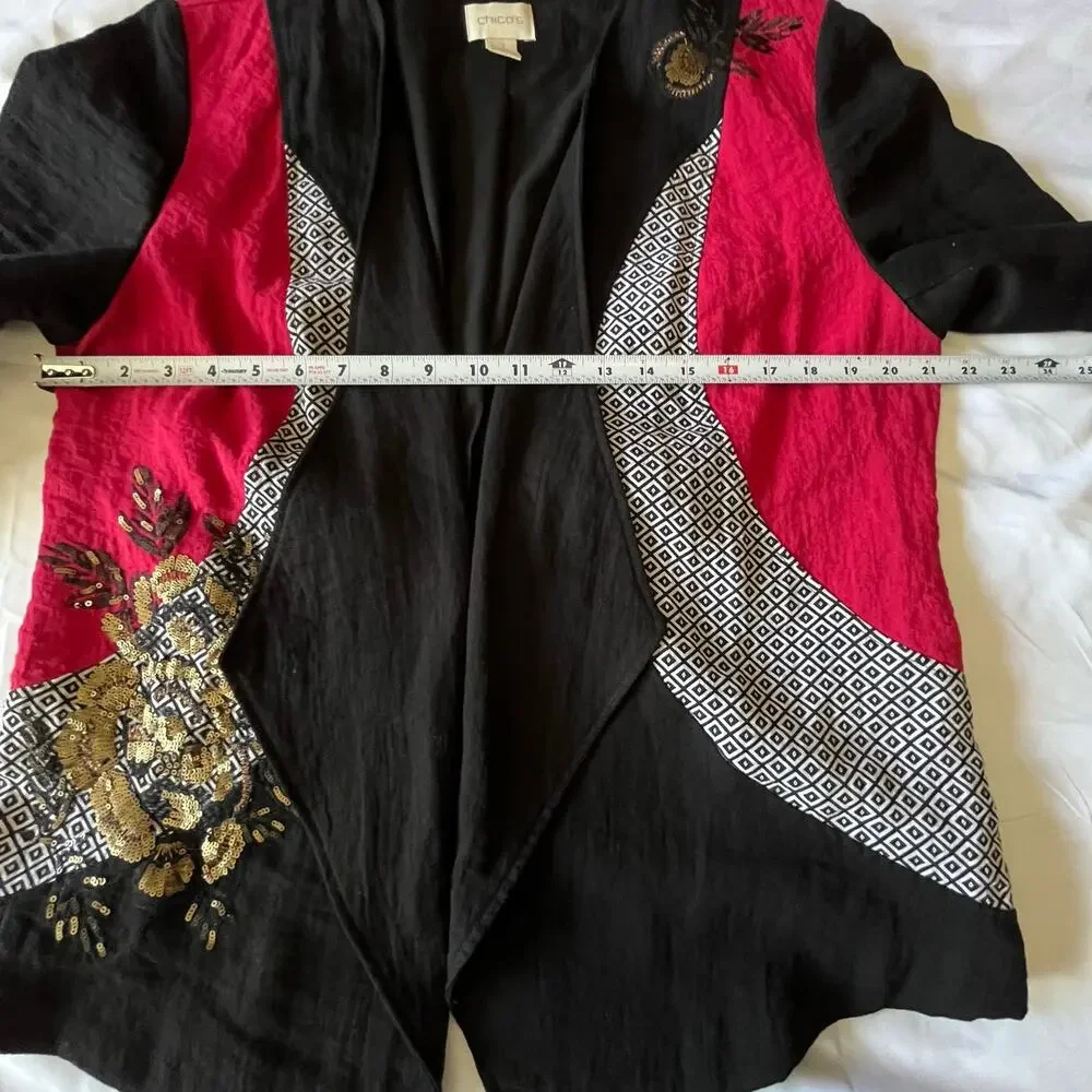 Chico's Size 2 Black Open Front Sequin Embroidered Jacket Cardigan Floral